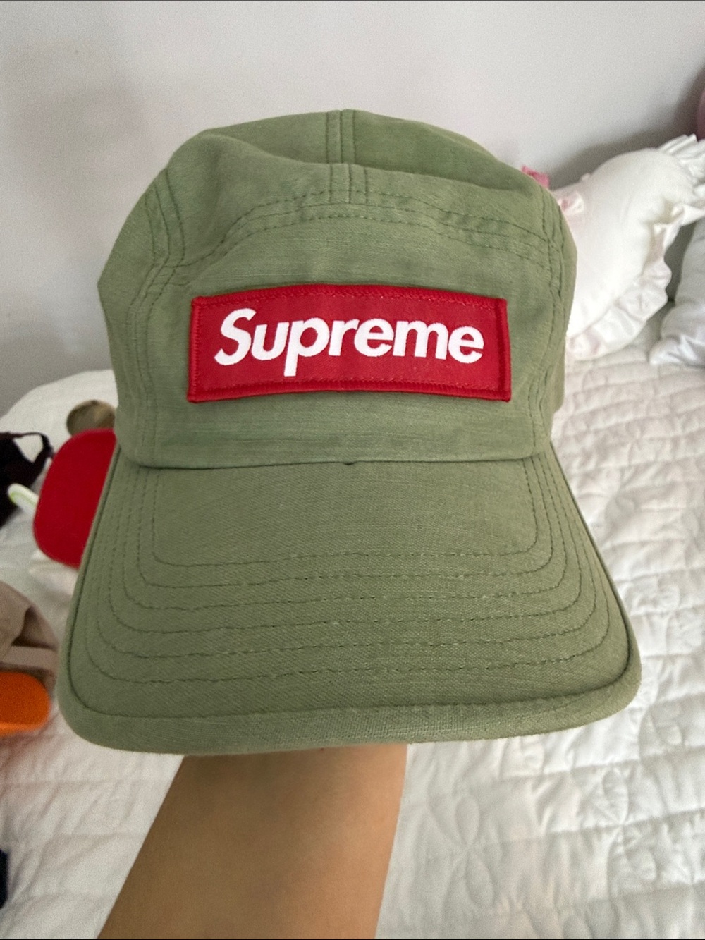 Supreme Kids Olive Cap with Red Logo Patch